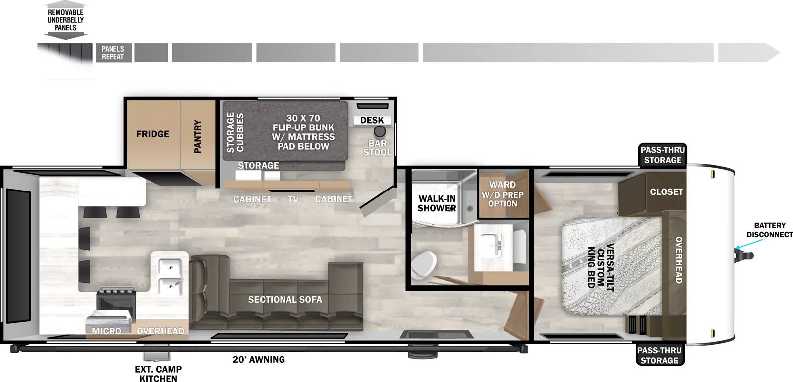 The Salem 29VIEW floorplan has one entry and one slide out. Exterior features include: fiberglass exterior, 20' awning and outside kitchen. Interiors features include: bunk beds, rear kitchen and front bedroom.